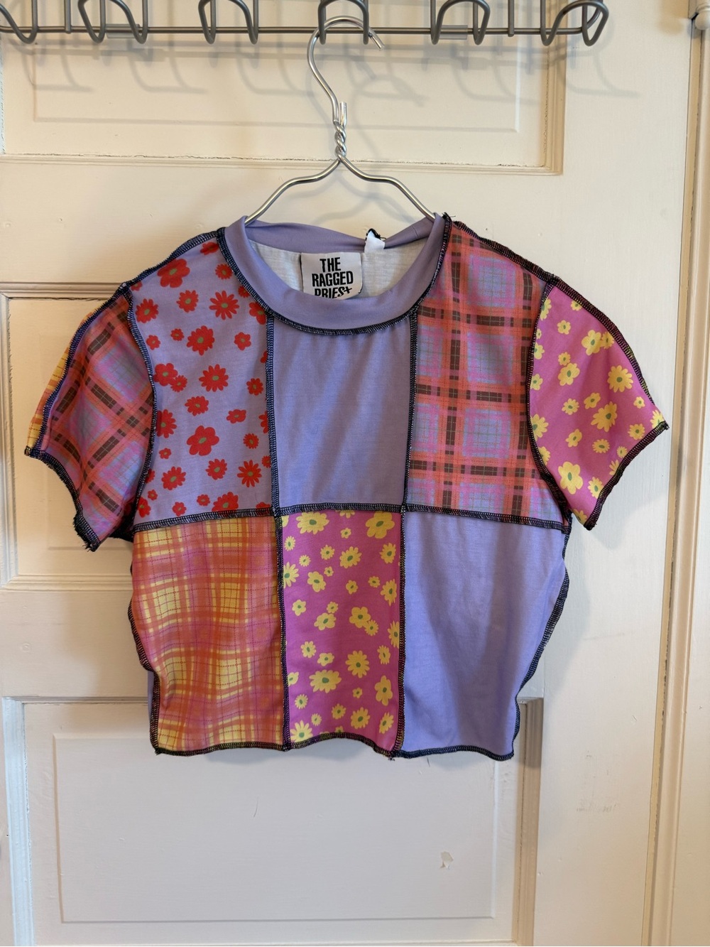 The Ragged Priest Purple Patchwork Floral & Plaid Short Sleeve Tee